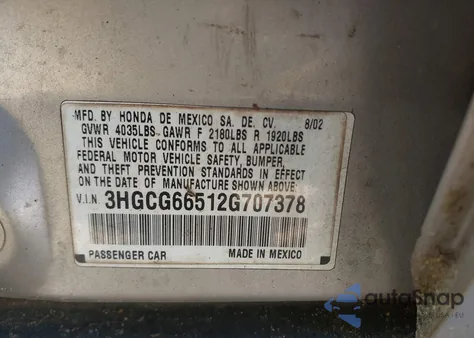2002 Honda Accord 2.3 Lx from USA, damaged, VIN 3HGCG66512G707378